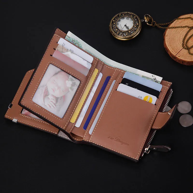 Men's short PU leather wallet with zip buckle, retro hit colour, 12.5 x 9.8 x 1.8 cm, grey black brown