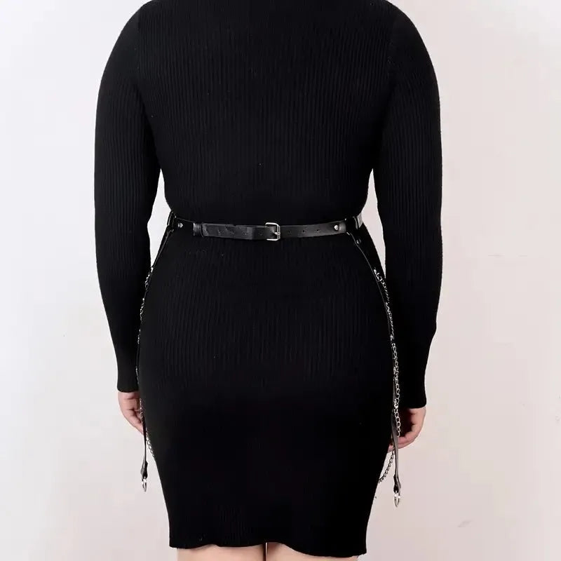 Black PU leather bandage-style waist chain ornament for women, shown with adjustable closure.