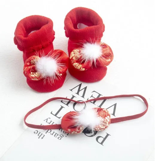 Baby headband and socks set in regenerated cellulose fibre, medium tube spring socks, infant girl 0-1 year