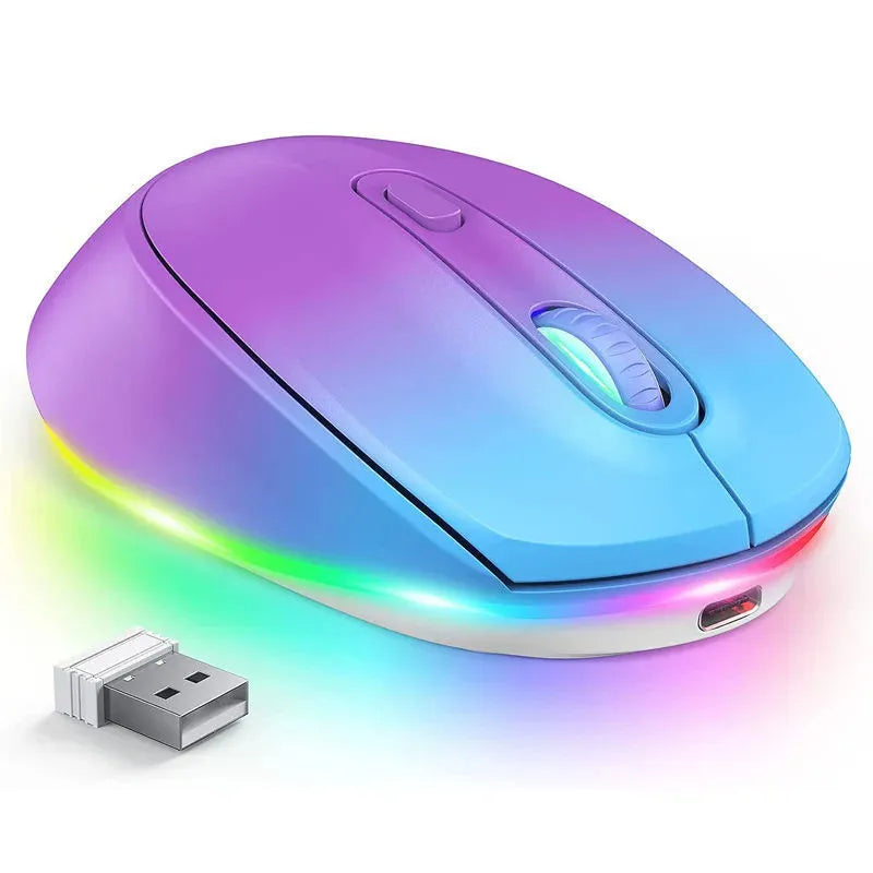 Lightweight 24g wireless rechargeable mouse in multiple colours next to its USB charging cable