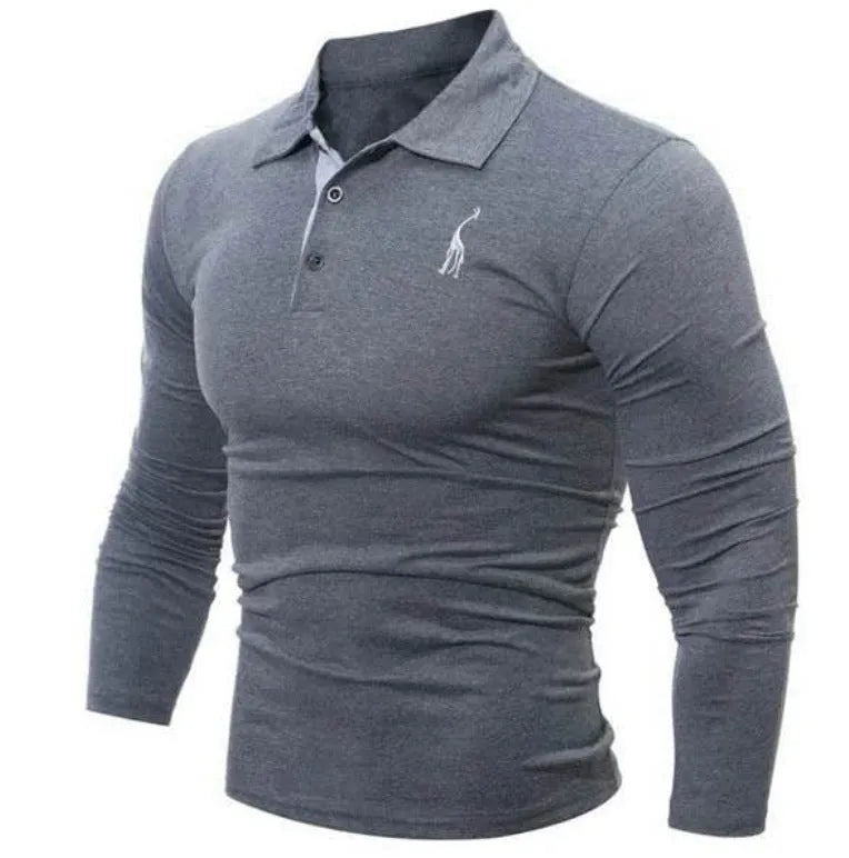 Men's loose fit long sleeve polo collar top with embroidered deer digital design, white or dark blue