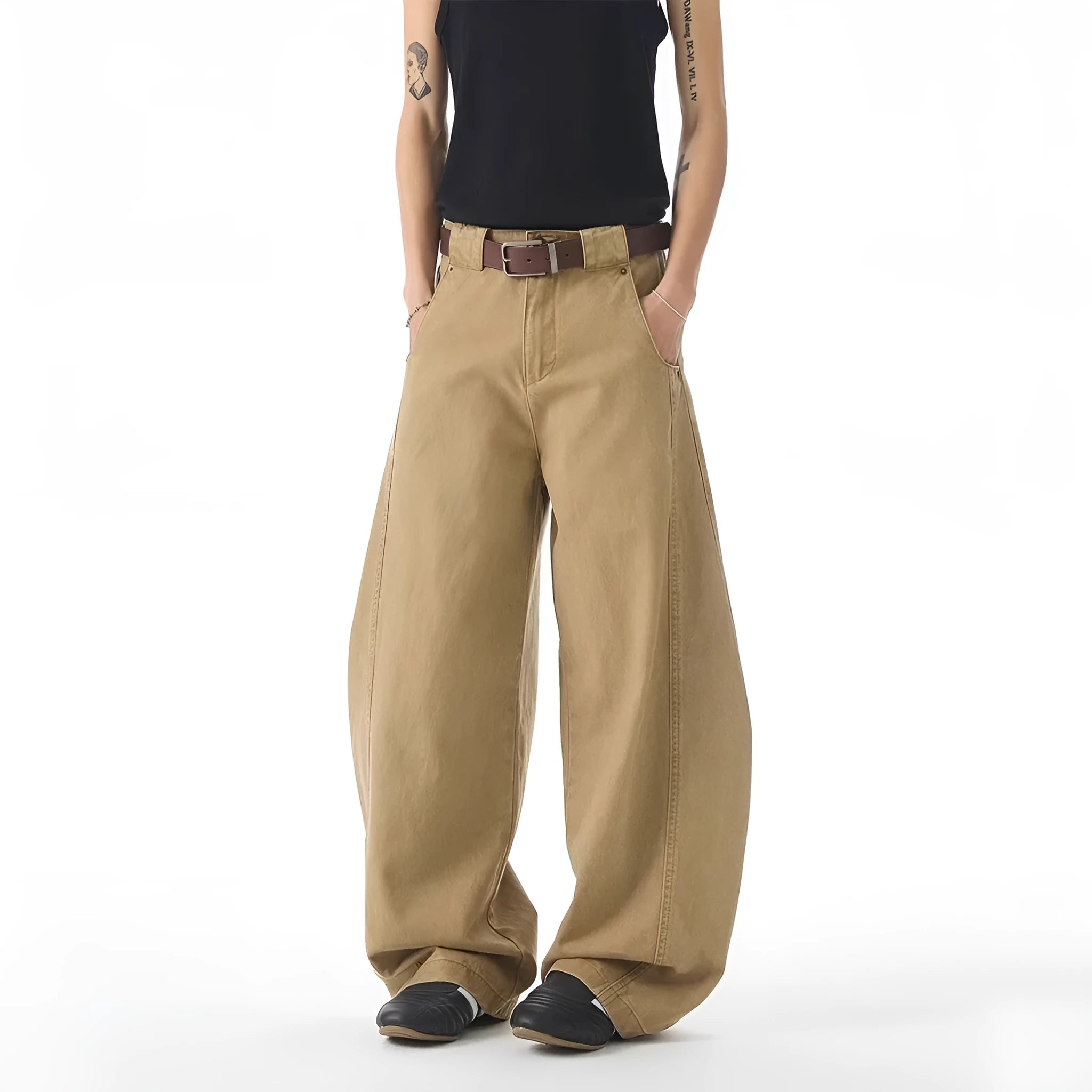 Brown men's loose-fit straight-leg jeans with a button fly and mid-rise waist.