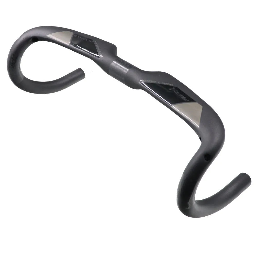 Matt carbon fibre road bicycle handlebar showing bent drop bar design