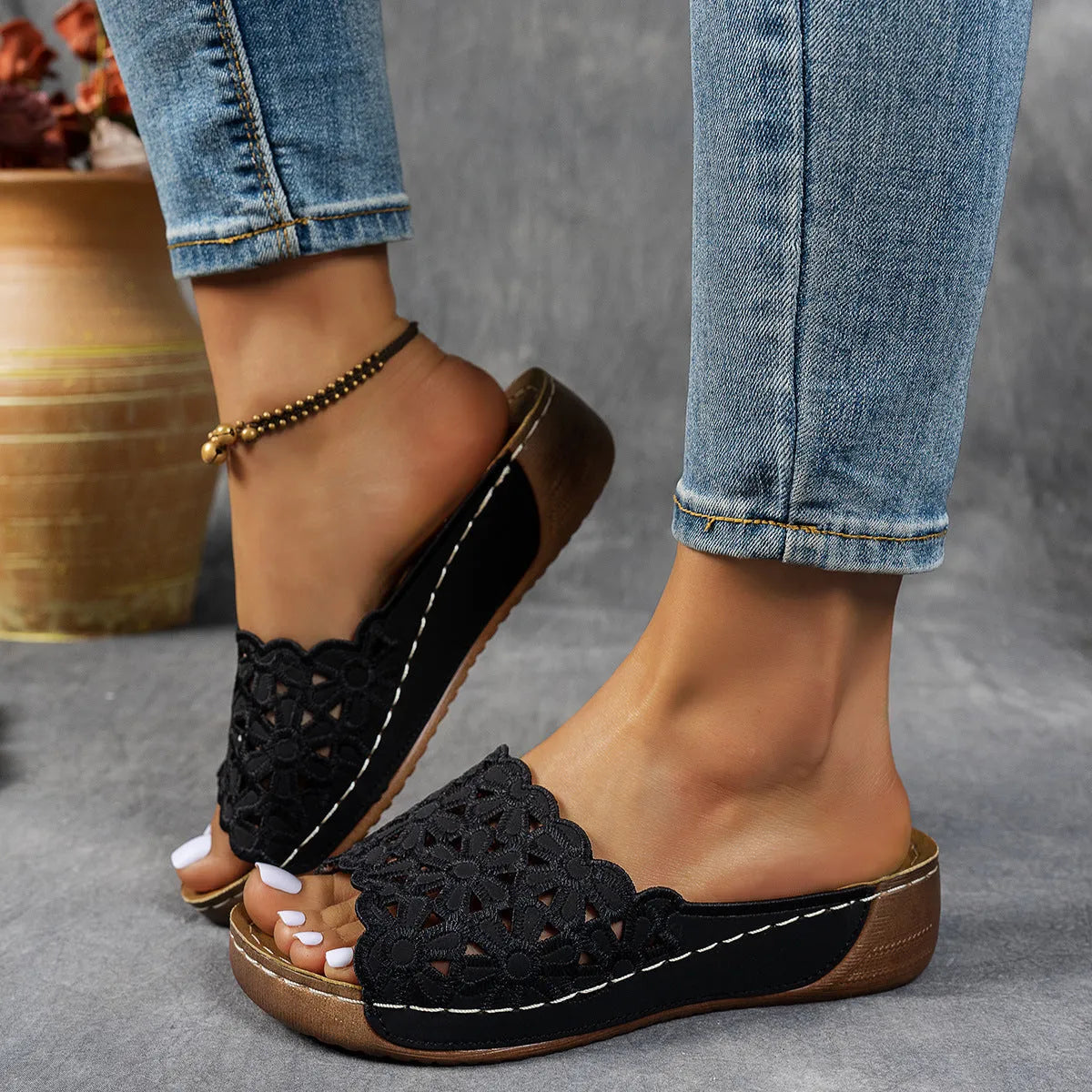 Women's wedge beach slippers with flower cutout design and fish mouth toe in multiple colours