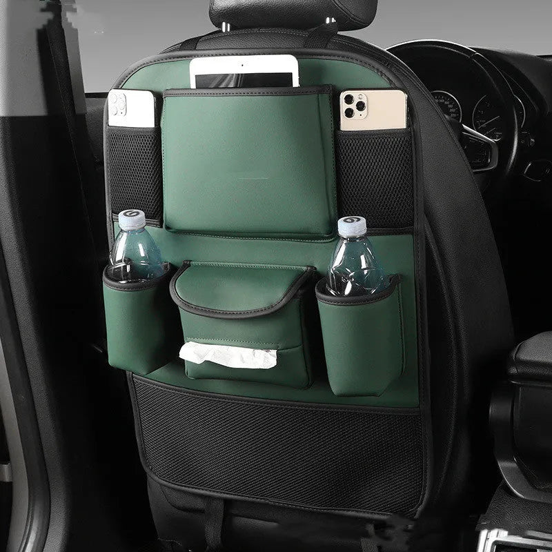 Leather car seat back storage bag in colour options of black, grey, green, and brown for hanging vehicle organisation.