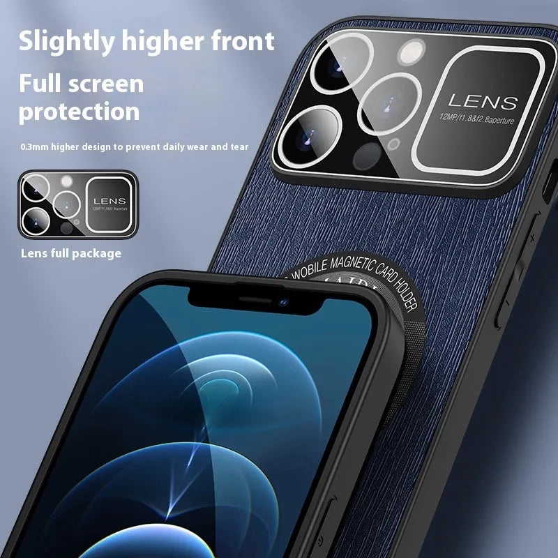 Magnetic iPhone case with large window tree pattern in silver gray, vibrant orange, elegant black or sapphire blue, TPU leather pattern