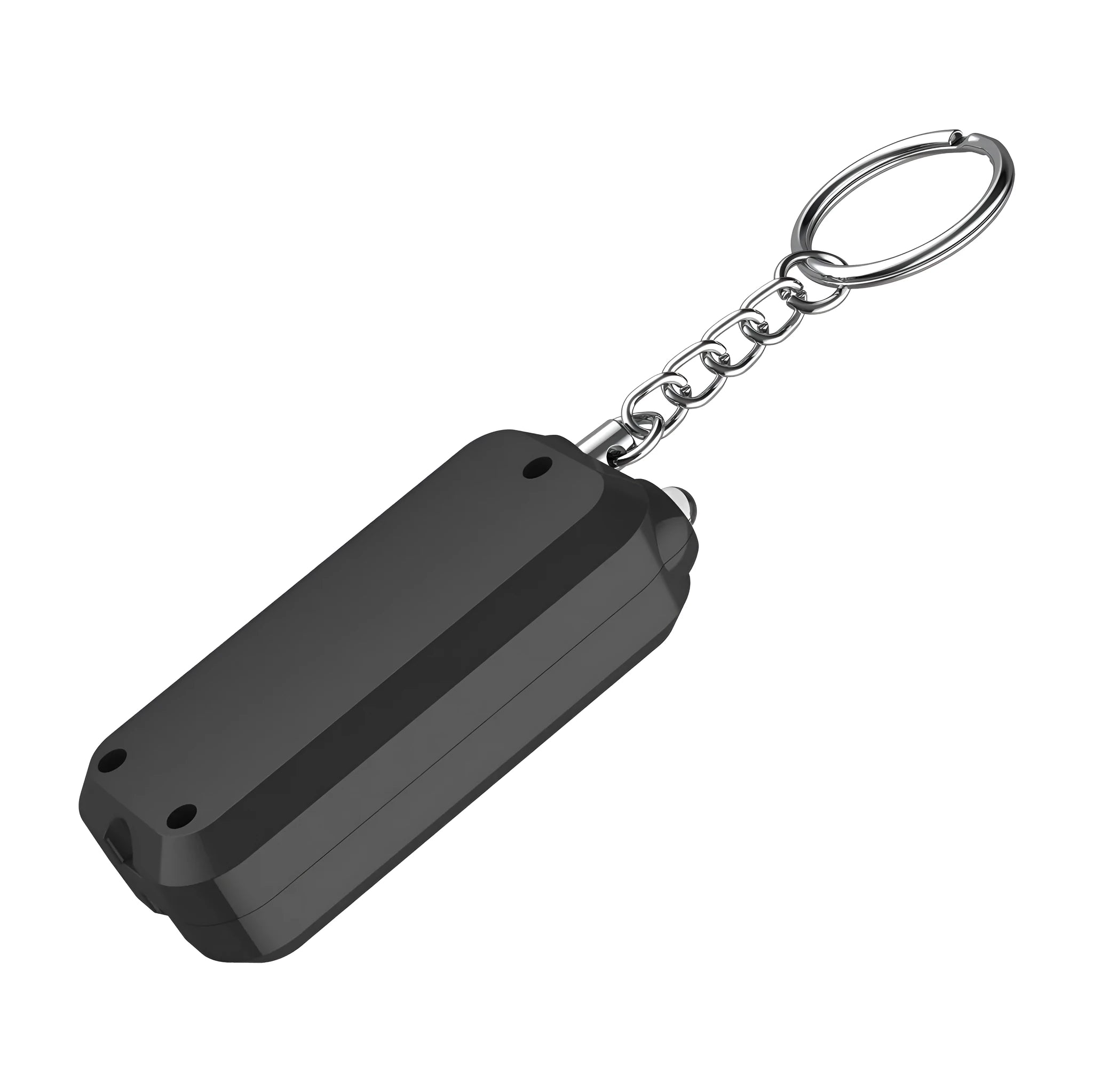 Small pink personal safety alarm with keyring, shown next to its white packaging box.