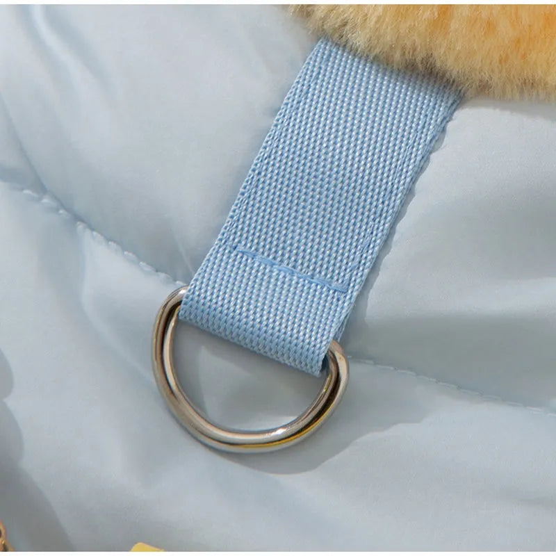 Warm fleece pet skirt for small dogs and cats with built-in D-ring, Blue or Pink, sizes XS to XL