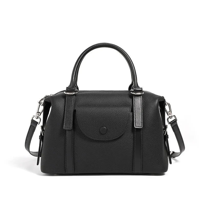 Genuine leather women's handbag in black, brown, or elephant grey with contrast stitching.