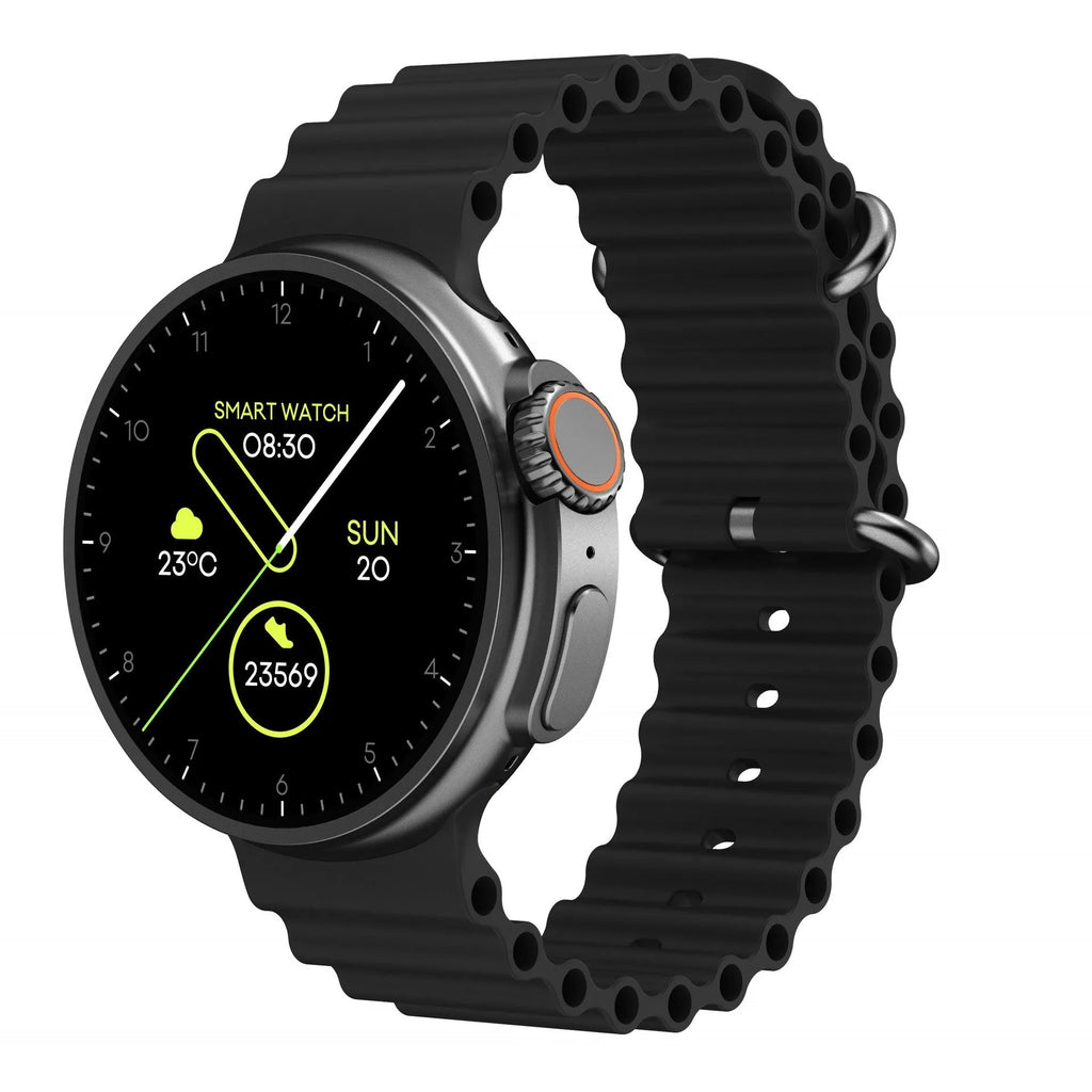 K9 smart watch with black silicone strap and round screen displaying fitness stats.