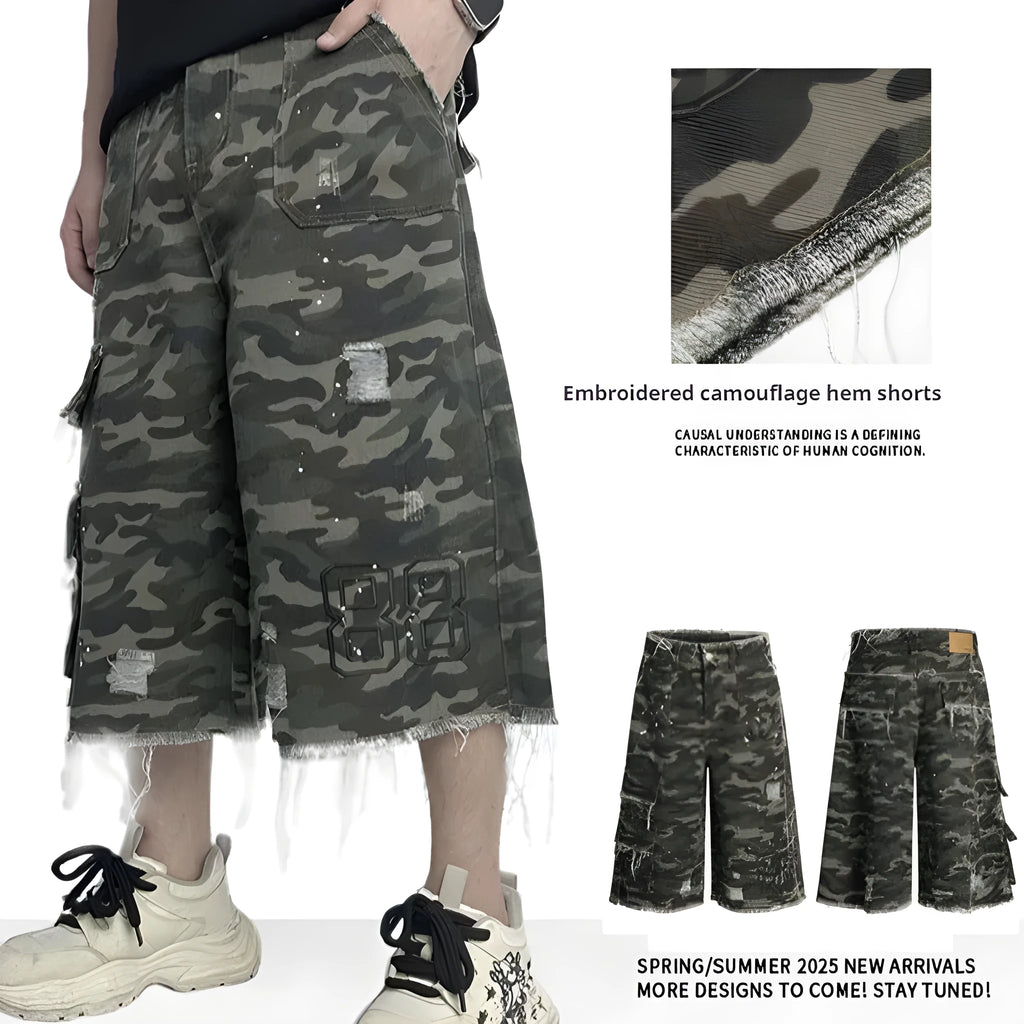 Camouflage casual shorts, cotton wide leg summer workwear burrs set, sizes S to 2XL
