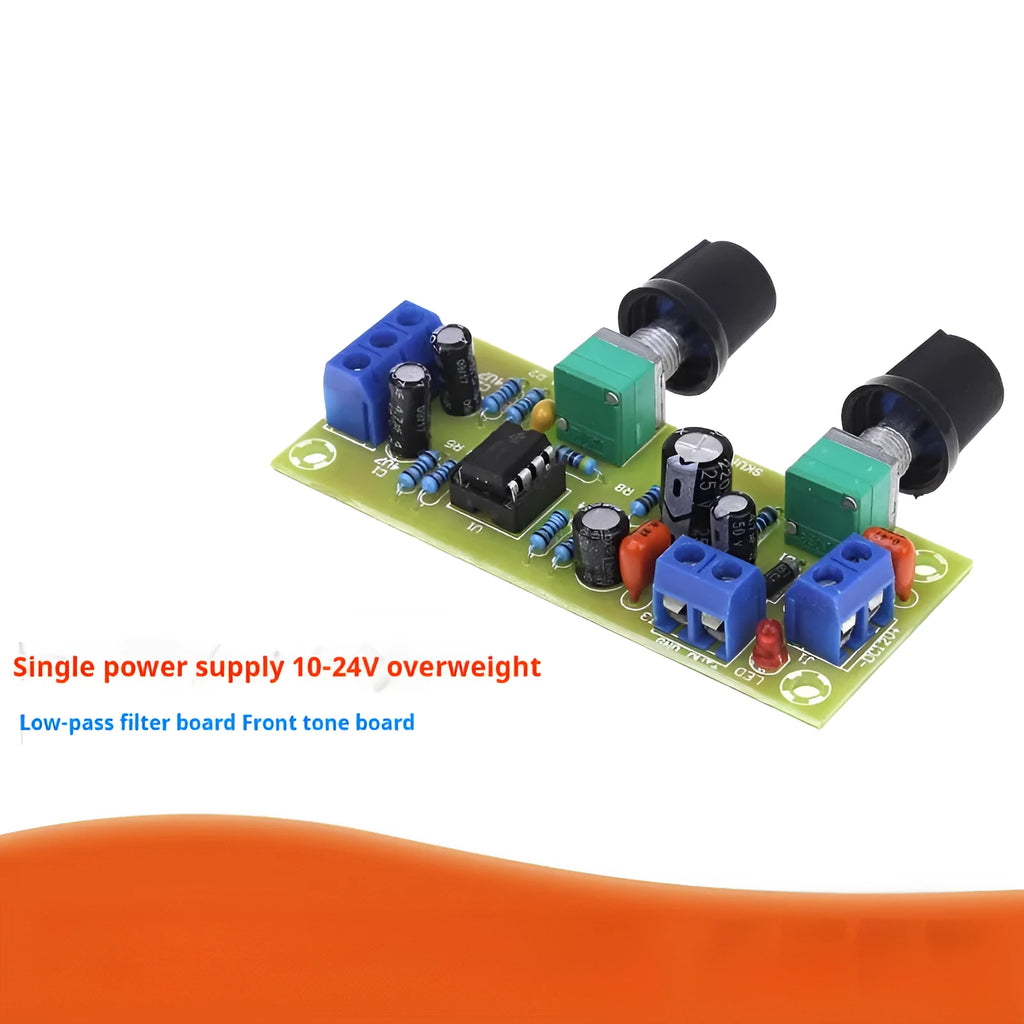 Car audio front stage board for bass boost with 10-24V power supply on FR-4 fibreboard PCB