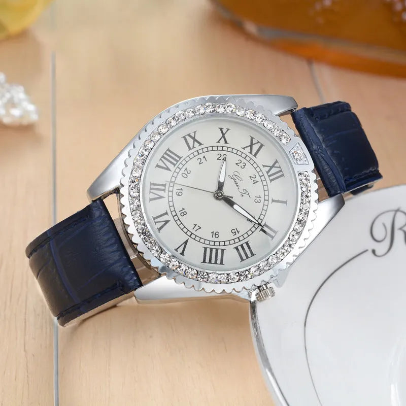 Women's Roman scale gear watch with 40mm alloy dial, faux leather strap, needle buckle, 41g weight, shown in Black