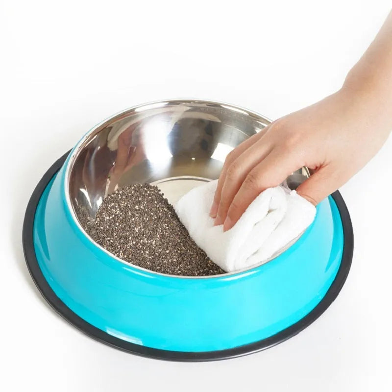 Stainless steel pet bowl with melamine exterior in six colour options showing non-slip base
