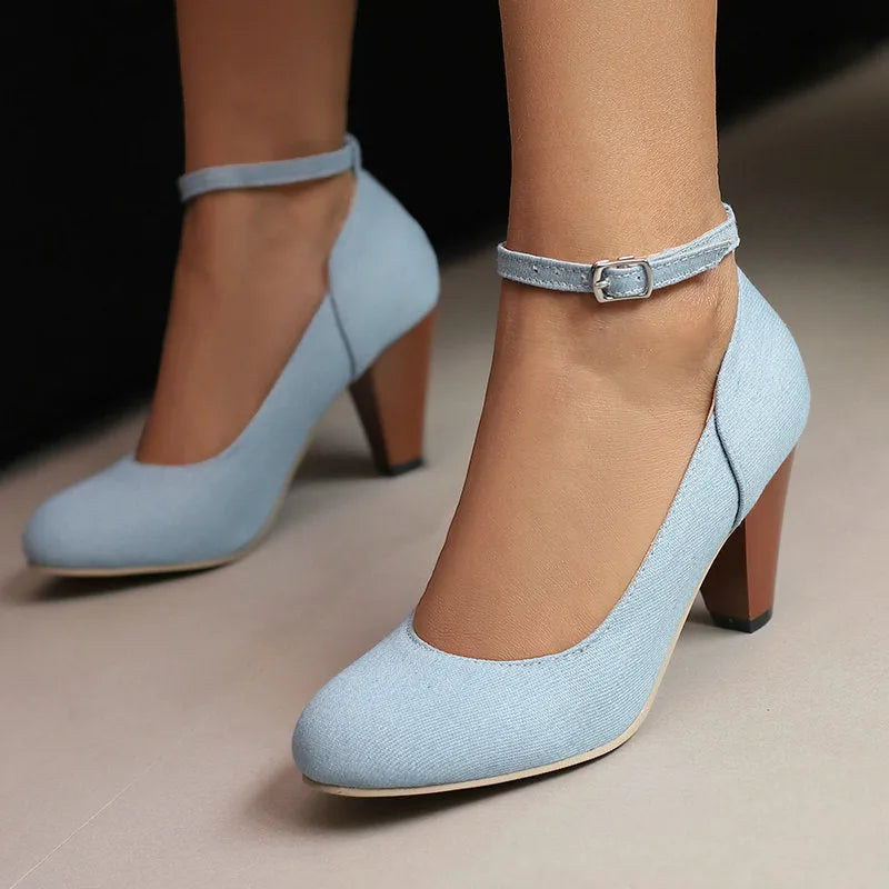 Blue denim women's high heel boots with a buckle strap and waterproof platform sole.