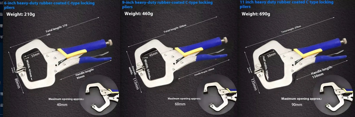 C-type alloy steel vise grip clamp with large opening and screw mechanism on a black background