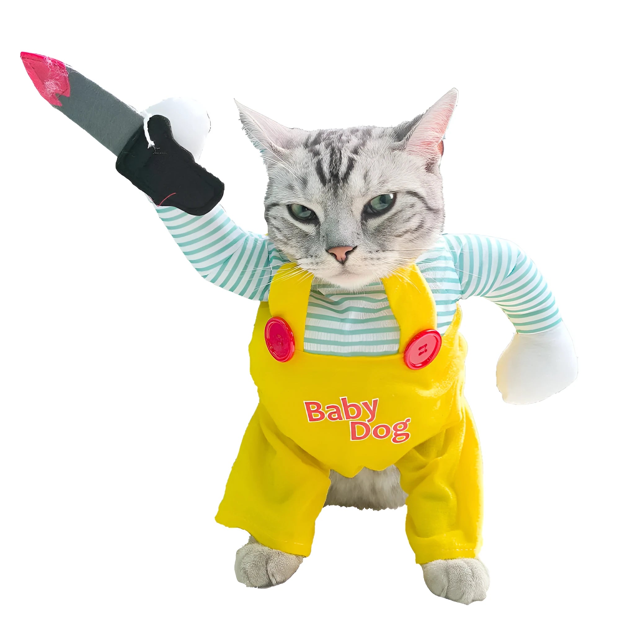 Yellow sword pattern cat costume on pet mannequin showing assassin theme with four size options