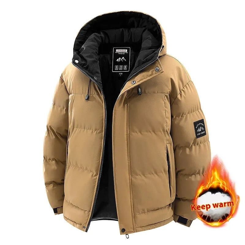 Men's hooded padded coat in black, loose fit, polyester fibre filler, 50cm length, sizes M to 3XL