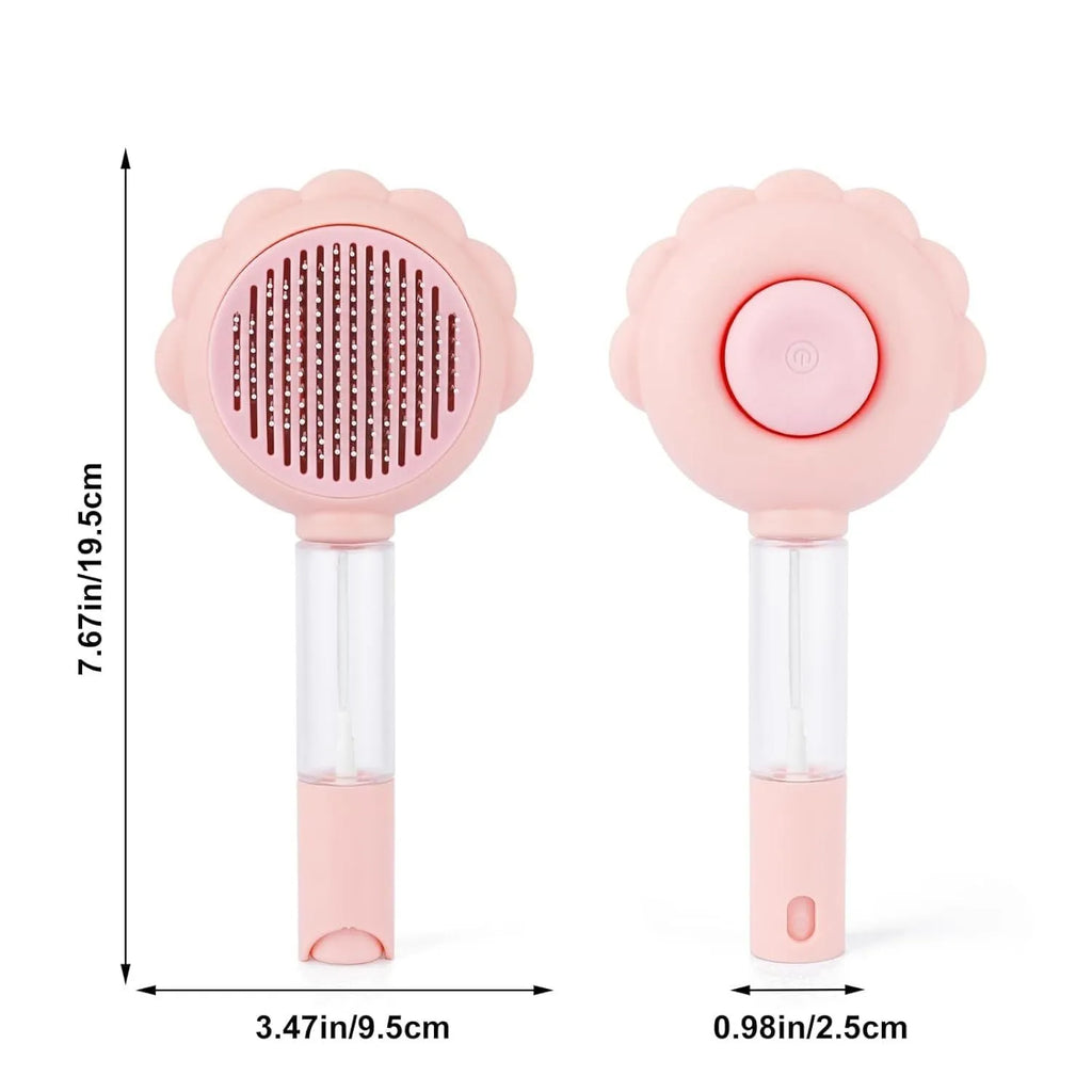 Grey spray cat brush with release button for pet grooming and shedding control