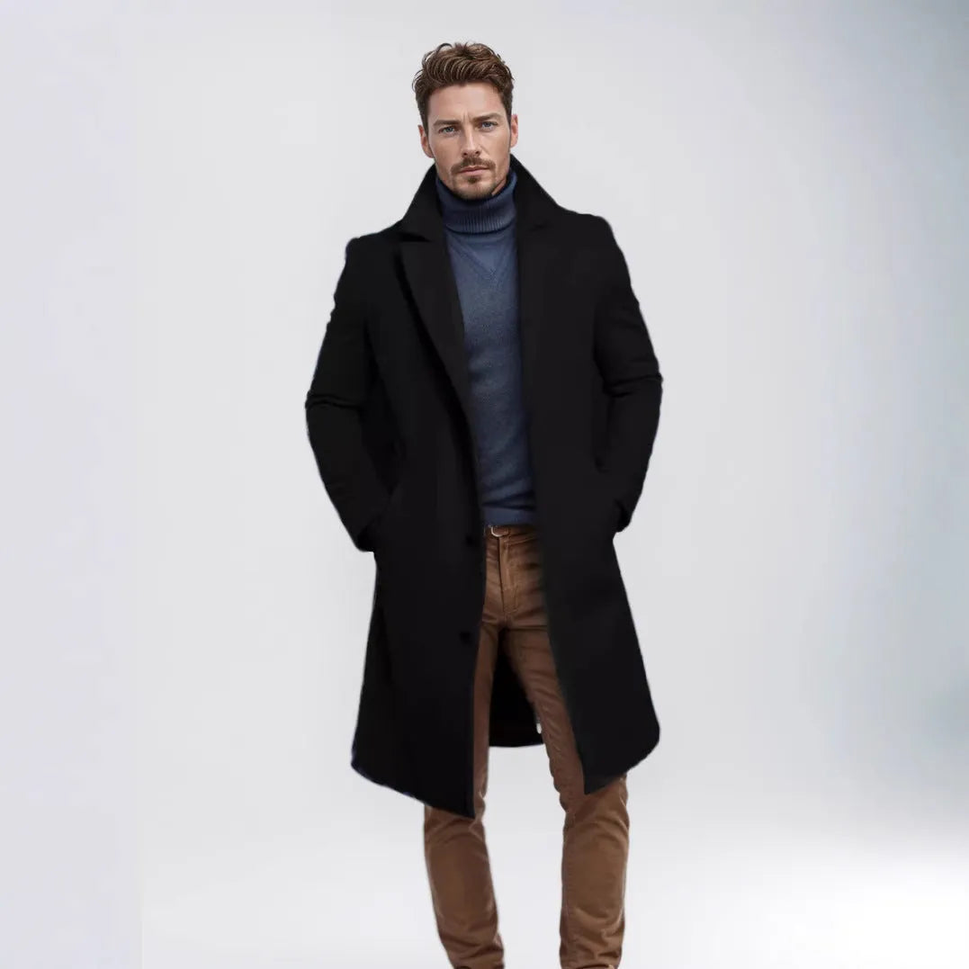 Men's mid-length solid colour woolen coat in black with side seam sidekick pockets