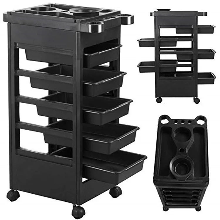 Black plastic six-layer hair salon tool trolley for barbers and hairdressers with multi-purpose storage