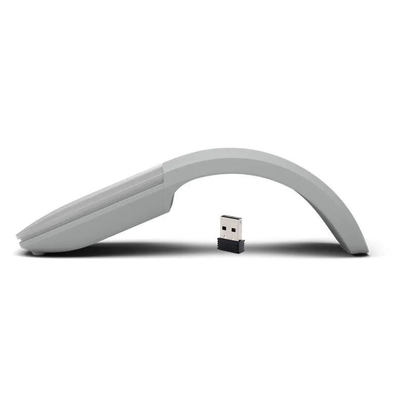 Folded Bluetooth wireless mouse showing compact size with touch surface and multiple colour options