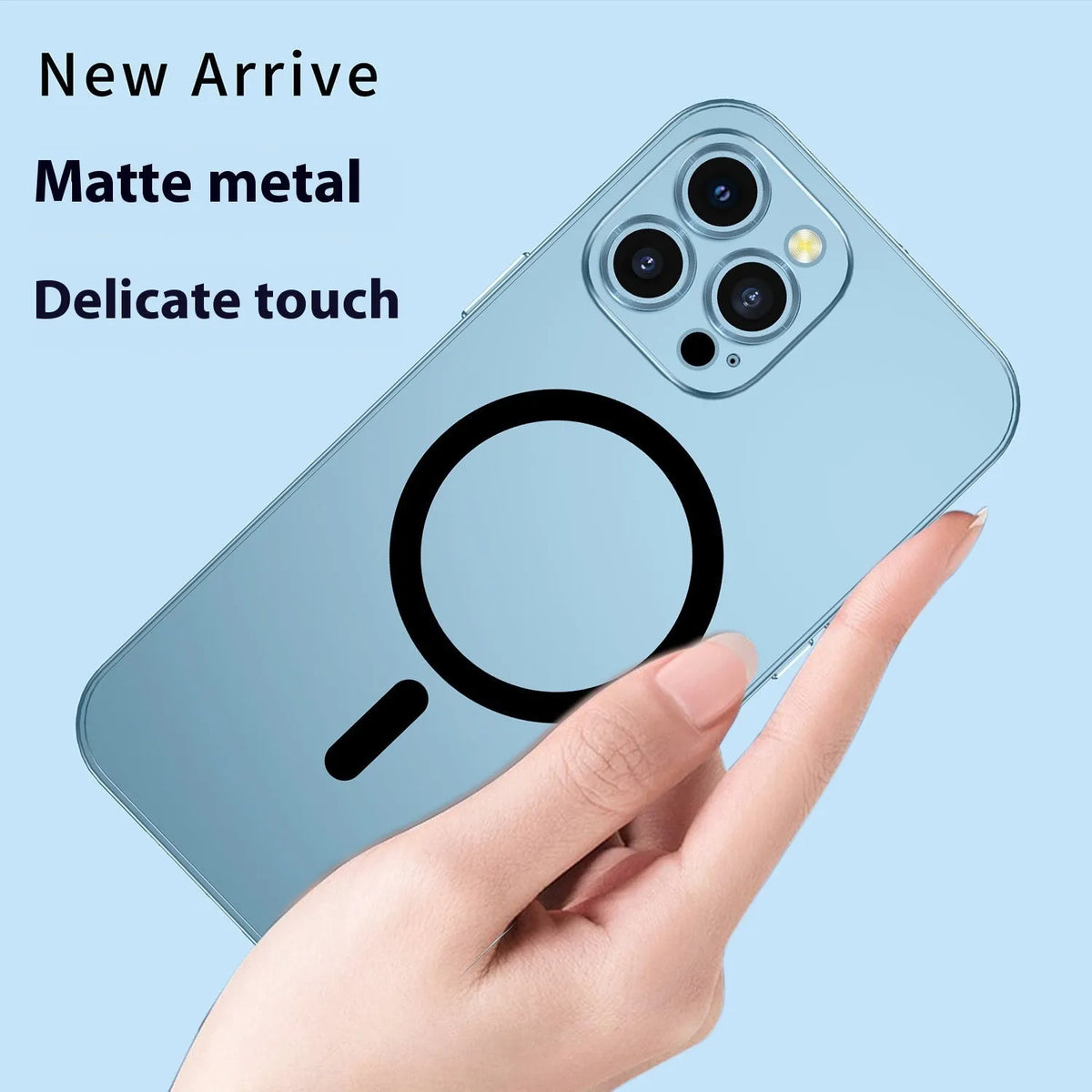 Metal frame spring fastener magnetic phone case in black with frosted finish for iPhone