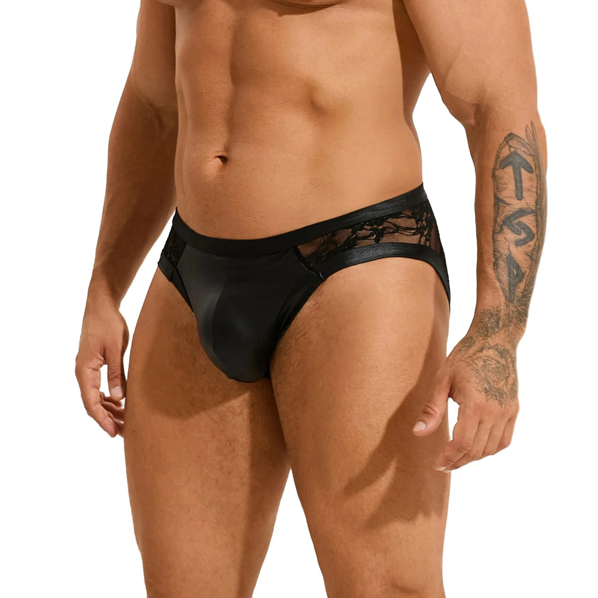 Black men's briefs with faux leather, polyester fabric, stitching and lace detail, sizes M to 3XL