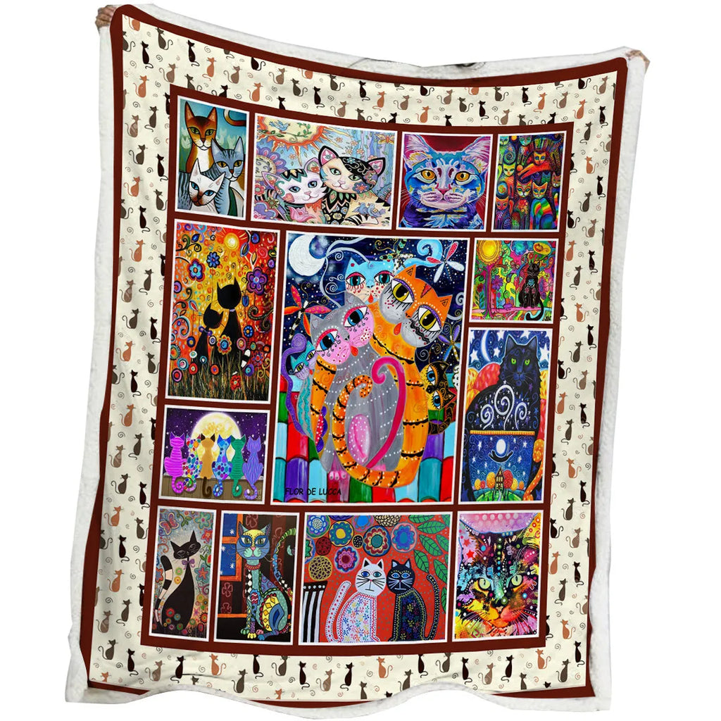 Multicoloured cat themed Sherpa fleece blanket 130x150cm with hemmed edges on a sofa