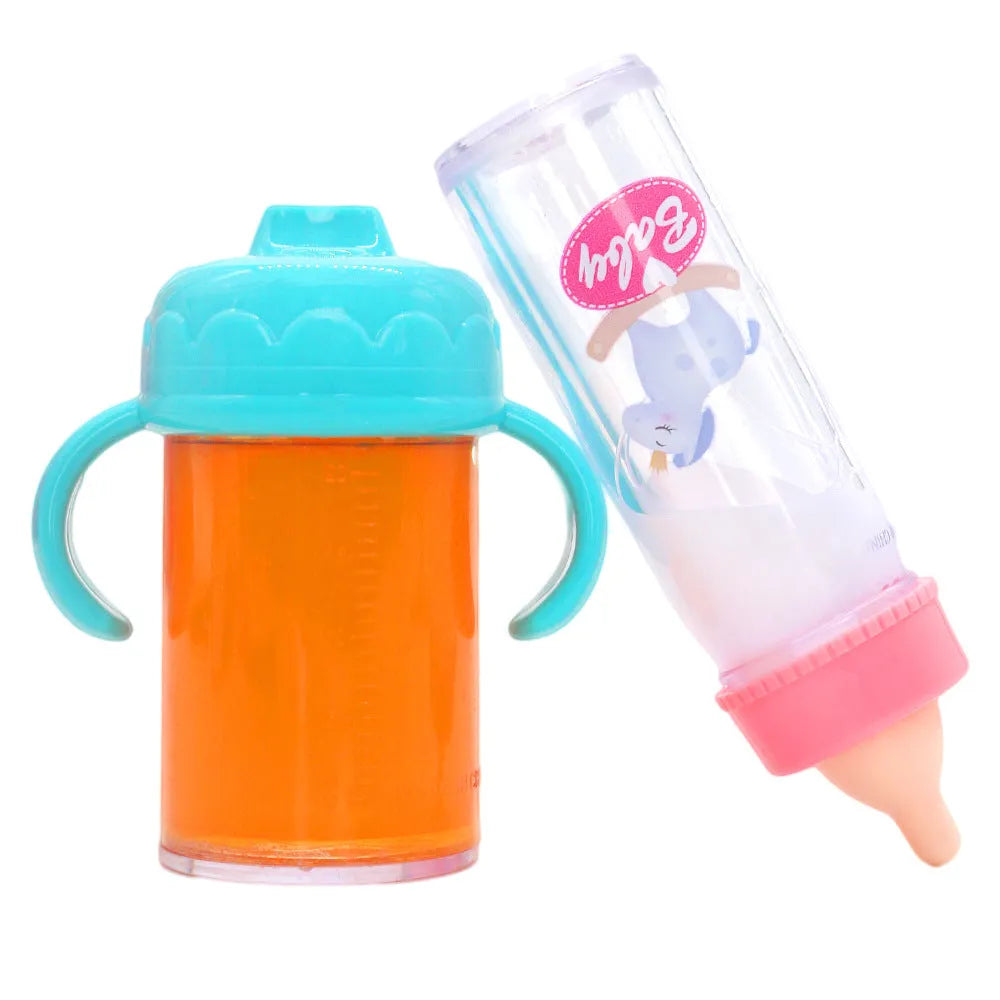 Plastic doll feeding bottle accessory for 14-18 inch dolls in pony pink or bear blue combination