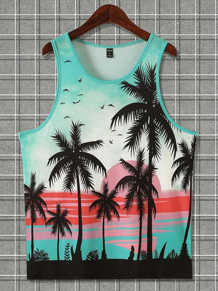 Man wearing a solid-colour 3D printed sleeveless vest in a Hawaiian style.