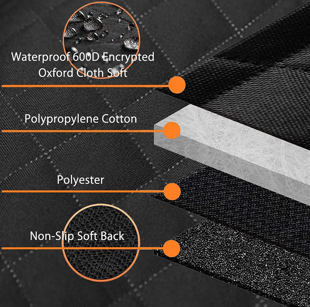 Black waterproof dog car seat cover with orange edging and mesh window installed on vehicle rear seats