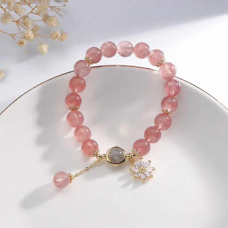 Strawberry quartz crystal bracelet with floral design elements in Mori natural style with electroplated finishing