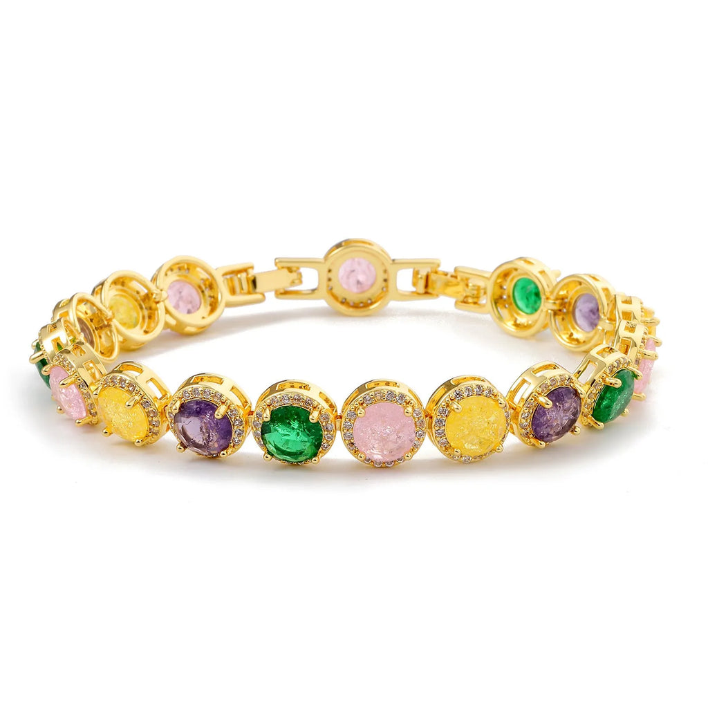 Gold-plated women's bracelet with inlaid zircon stones in a hollow round geometric shape