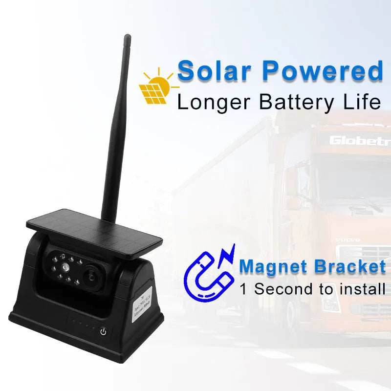 YL-Solar WF908 wireless solar charging camera with aluminium alloy shell and magnet mount for vehicles.