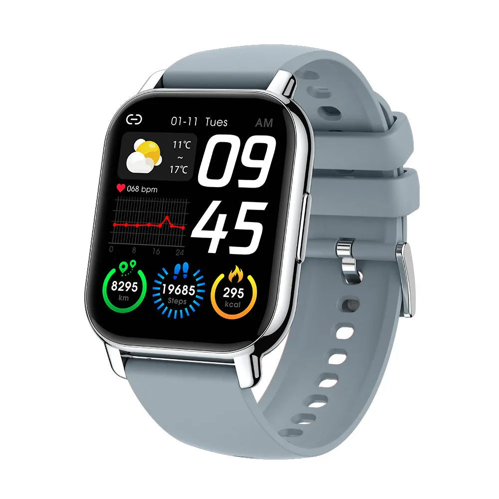 P66 smart watch with 1.85-inch TFT screen silicone wristband in black shell and dark blue strap