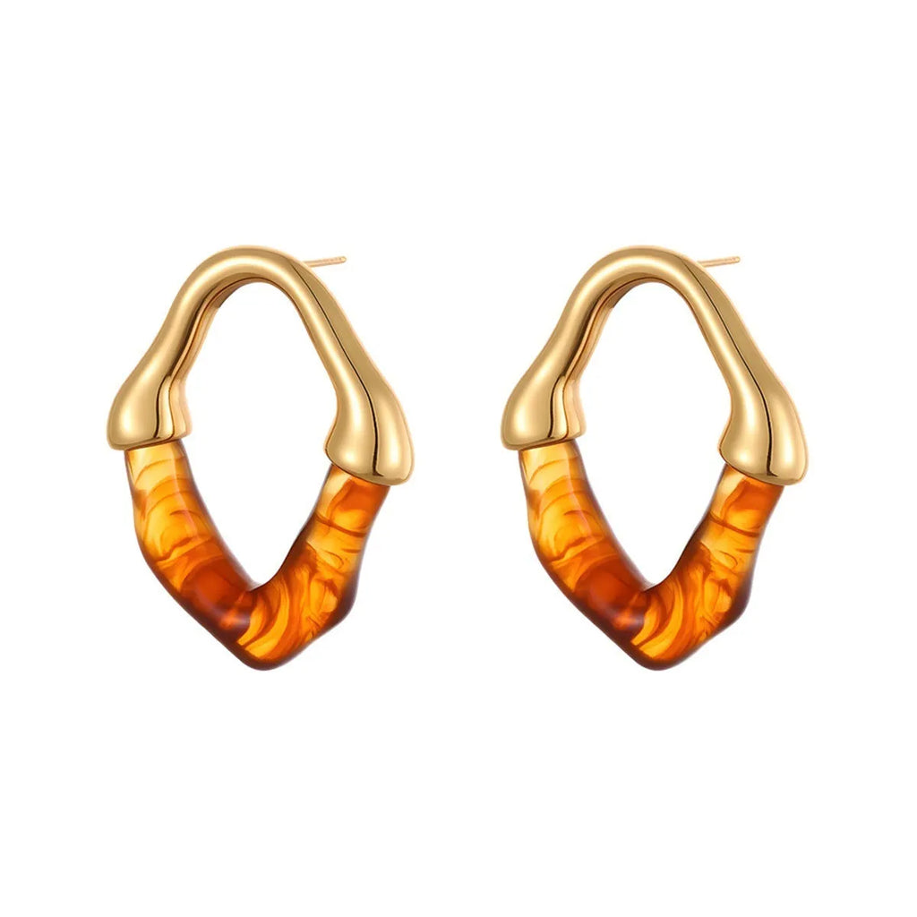Resin stitching stainless steel earrings with 18K electroplated finish in pink, blue, green, white, and coffee colours