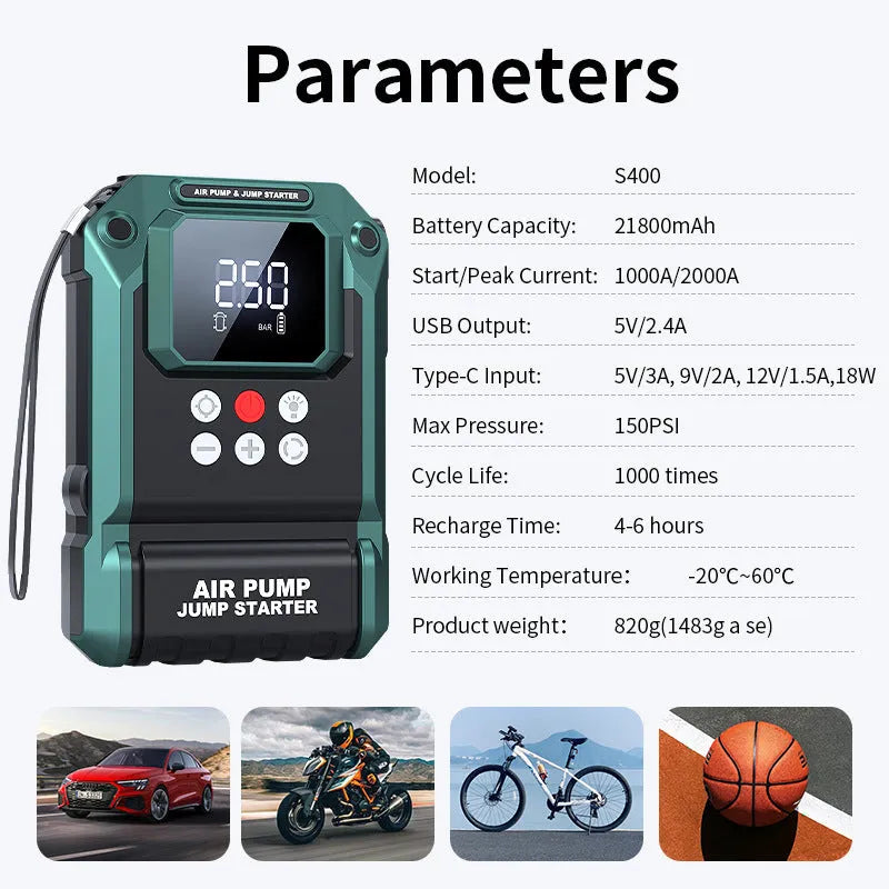 Emergency starting power supply S400 8000mAh with smart clip jumper, air pump hose, and four valve pieces
