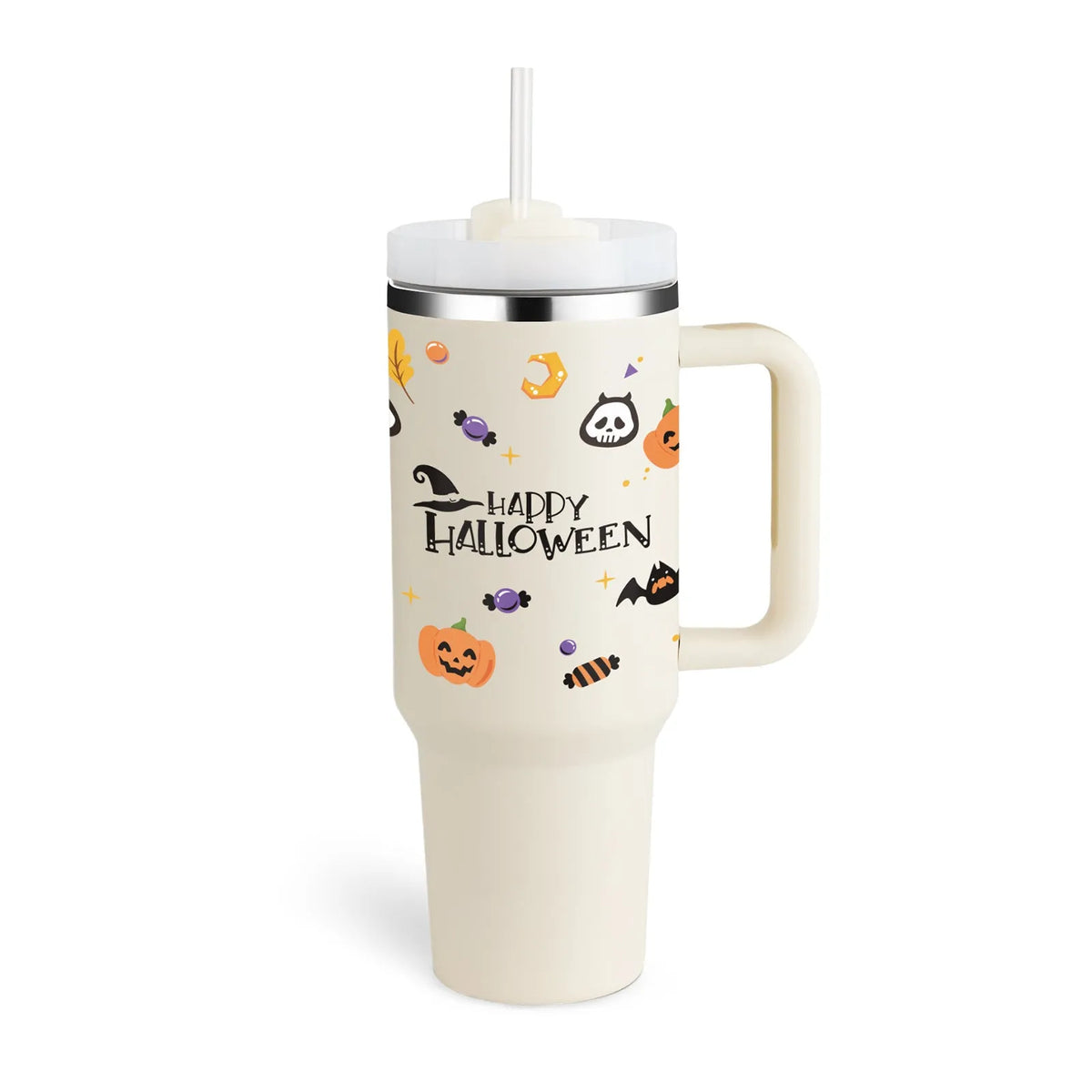 40 oz insulated stainless steel tumbler with handle straw and spill proof lid in a tapered design for car or gym use