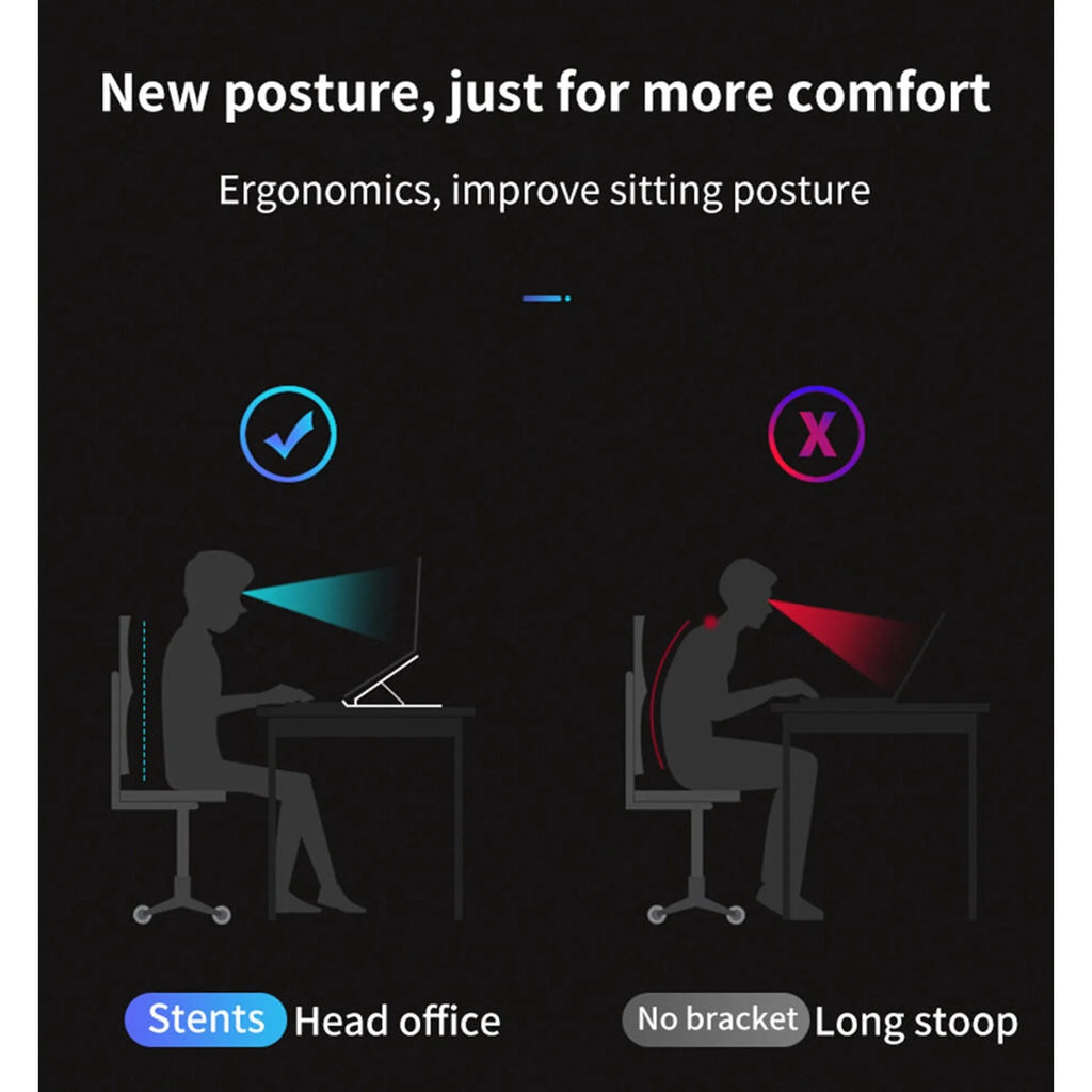 Black adjustable laptop stand with six gear settings, folded for portability, on a desk
