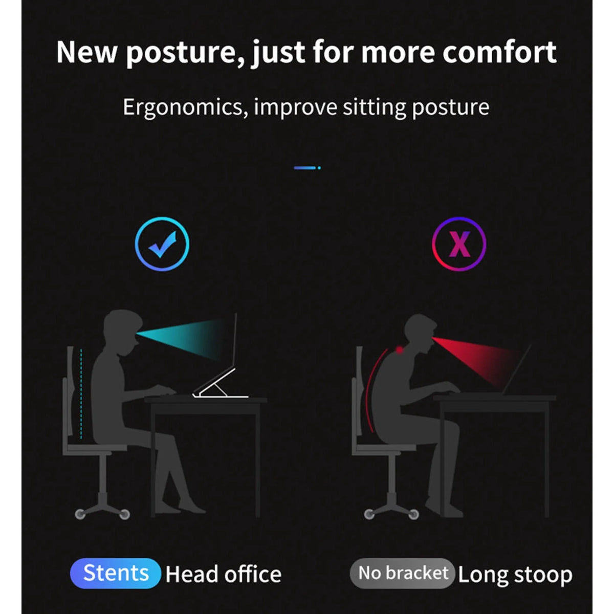 Black adjustable laptop stand with six gear settings, folded for portability, on a desk