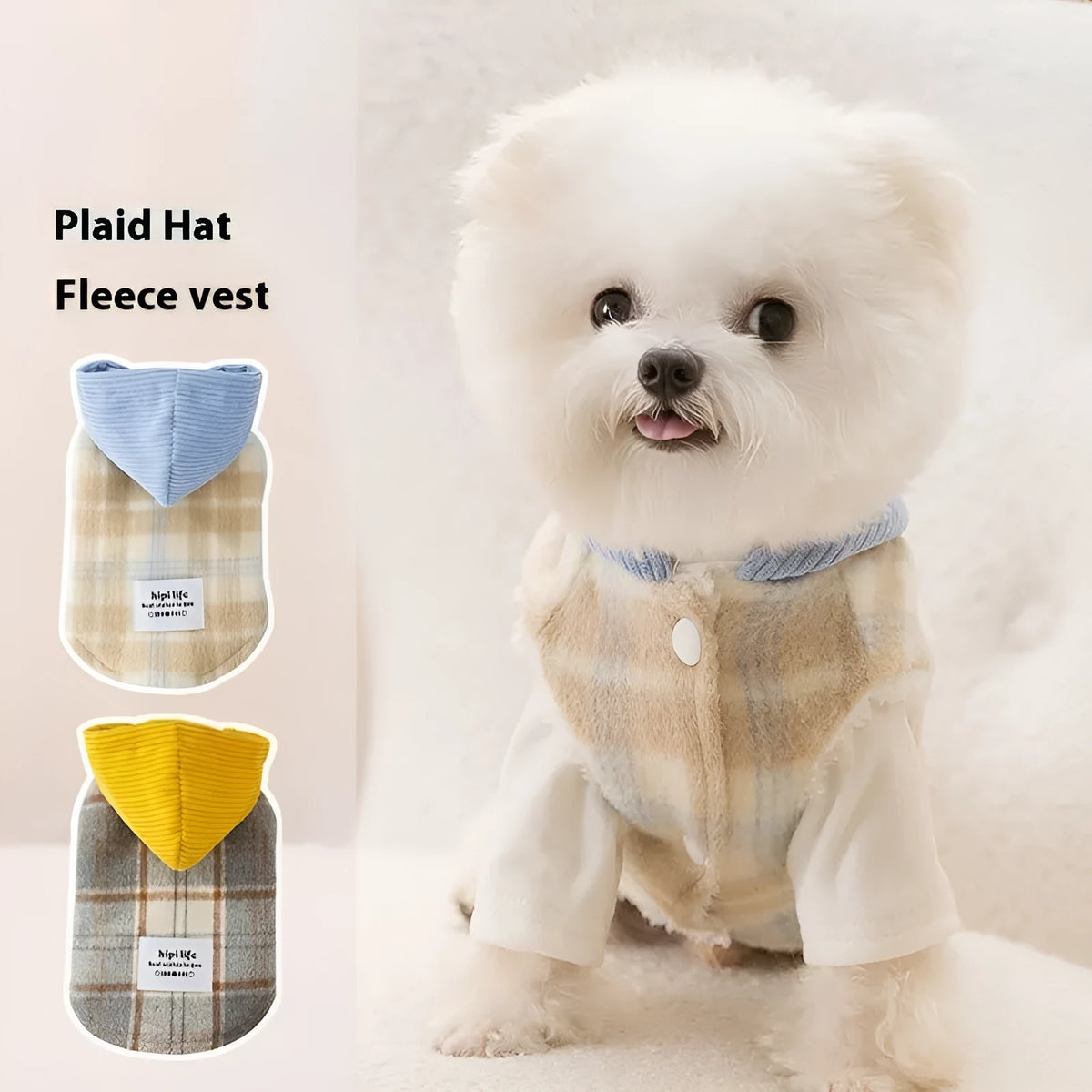 Blue corduroy dog vest with chessboard grid pattern and hood, sized for medium dogs