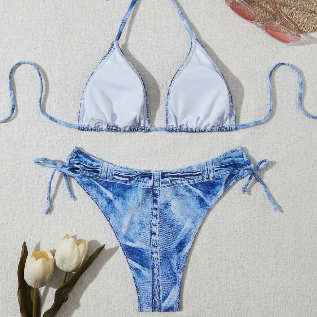 Denim blue printed women's bikini set with strap design