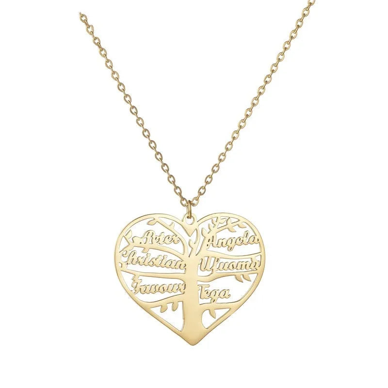 Custom stainless steel name necklace with heart and tree pendant, shown in silver, gold, and rose gold finishes.