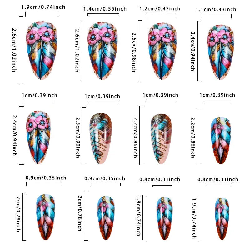 Plastic nail art set with colourful retro feather armour, cartoon, and floral patterns.