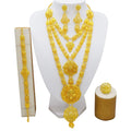Dubai luxury women's golden jewellery set with tassel necklace, water wave chain, earrings, bracelet and ring in alloy