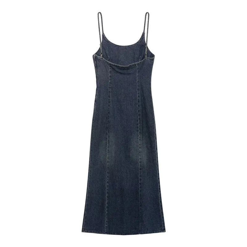 Women's blue hooded denim dress with wash effect, long sleeves, mid-rise waist, asymmetrical pleated mini skirt