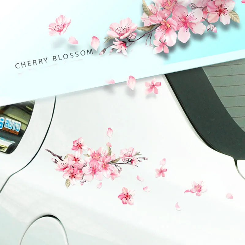Cherry blossom pattern car sticker on vehicle surface showing two size options