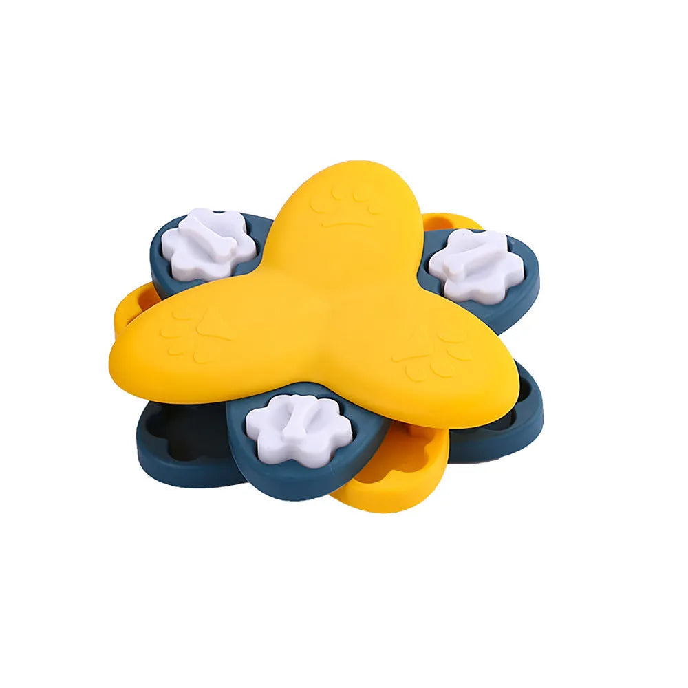 Green and yellow dog puzzle toy with bone covers and rotatable treat dispenser on non-slip base