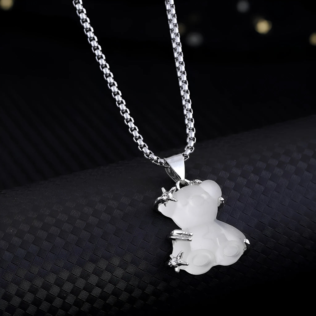 Little bear pendant necklace with white K-colour alloy charm and titanium steel lock chain for casual wear